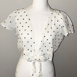 NEW American Eagle White/ Blue Polka Dot Tie-front Crop Shirt size Large NWT